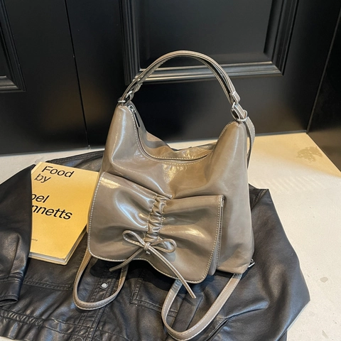 Damen Umhängetasche Große Kapazität Glänzendes PU Leder Schleife Plissee Mode Schultertasche Vielseitig