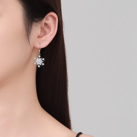 Boucles D'oreilles Pendantes Flocon De Neige Cuivre Avec Zircone Et Crochet En Argent Bijoux D'hiver Pour Femmes