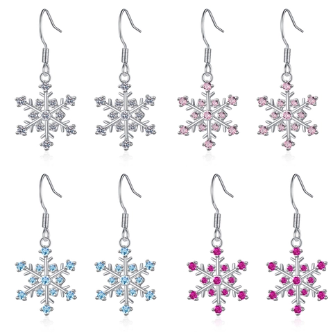 Boucles D'oreilles Pendantes Flocon Neige Cuivre Zircone Hiver Noël Cadeau Strass Coloré Hexagonal Crochets Femmes
