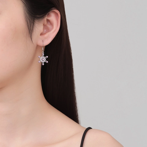 Boucles D'oreilles Pendantes Flocon Neige Cuivre Zircone Hiver Noël Cadeau Strass Coloré Hexagonal Crochets Femmes