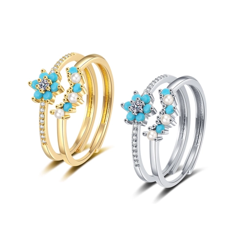 Verstellbarer Blauer Blumenring Und Wellenband Kupfer Stapelbarer Schmuck Mit Türkis Künstliche Perle Und Zirkonia Für Damen Elegant