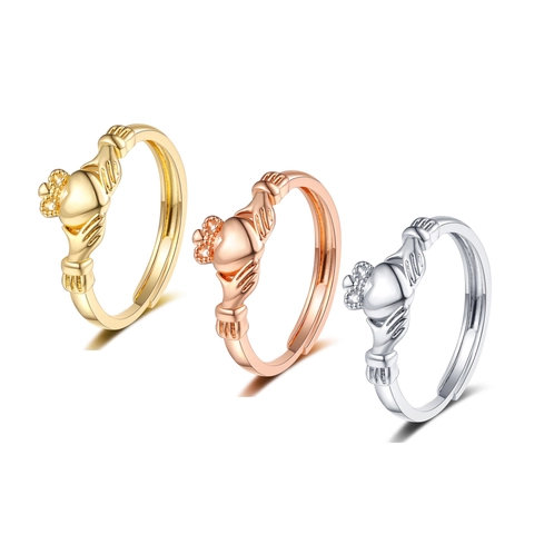 Claddagh Ring Für Frauen Kupfer Herz Krone Hände Design Mode Offen Verstellbar Finger Schmuck Elegant Luxus Stil