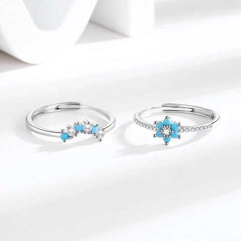Verstellbarer Blauer Blumenring Und Wellenband Kupfer Stapelbarer Schmuck Mit Türkis Künstliche Perle Und Zirkonia Für Damen Elegant