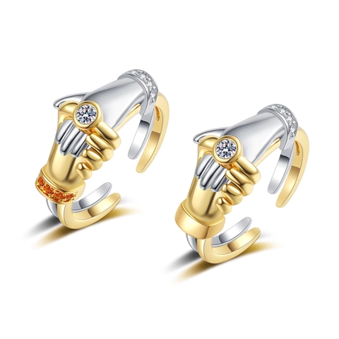 Anello Aperto Regolabile Mani Che Si Abbracciano Rame Zirconia Bicolore Oro Argento Gioielli Unici Per Donne Coppie