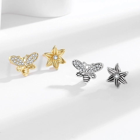 Asymmetric Bee Flower Stud Earrings Copper With 925 Sterling Silver Earring Post Zircon Inlaid Trendy Jewelry Women