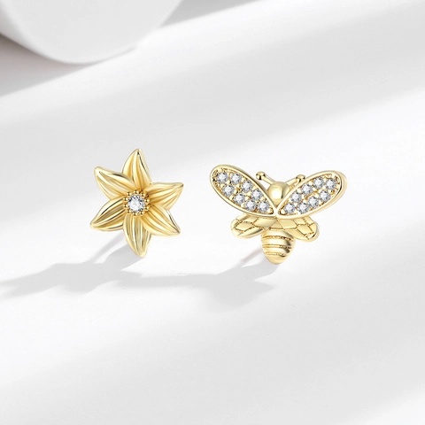Asymmetric Bee Flower Stud Earrings Copper With 925 Sterling Silver Earring Post Zircon Inlaid Trendy Jewelry Women