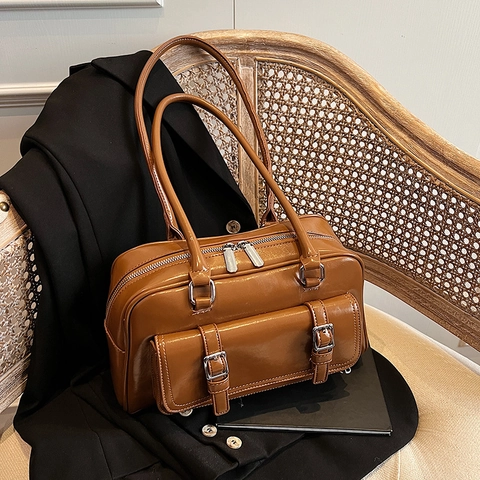 Women Retro Underarm Shoulder Bag Shiny PU Leather Boston Handbag With Buckle Pockets Decoration Vintage Trendy Y2K Purse