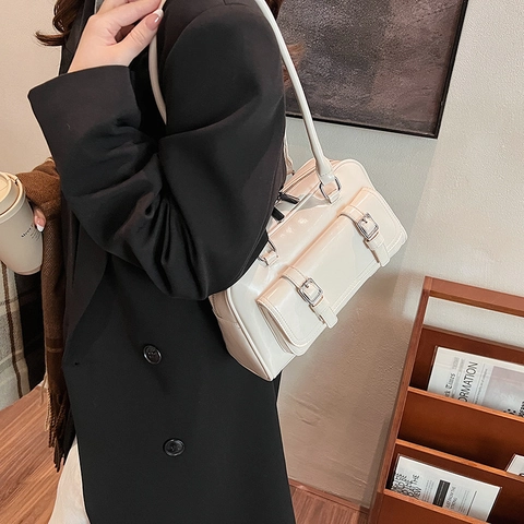 Women Retro Underarm Shoulder Bag Shiny PU Leather Boston Handbag With Buckle Pockets Decoration Vintage Trendy Y2K Purse