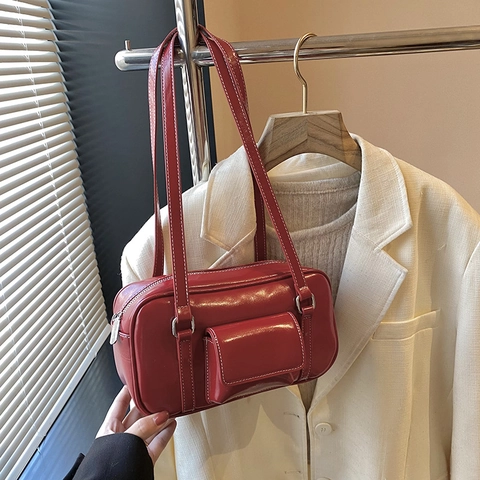 Dames Retro PU Leren Schoudertas Grote Capaciteit Contraststiksels Voorvak Onderarmtas Dagelijkse Mode
