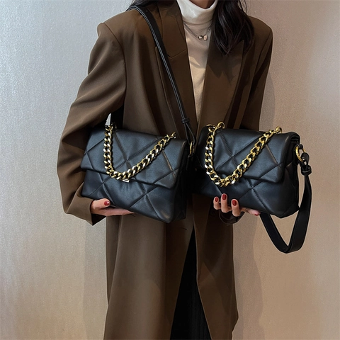 Women Quilted Crossbody Bag PU Leather Rhomboid Pattern Gold Chain Flap Shoulder Bag Chic Trendy