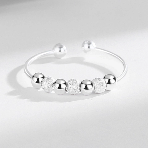 925 Sterling Silver Anxiety Ring Rotatable Beads Matte Polished Adjustable Open Finger Band Fashion Jewelry For Women