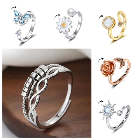 Bague D'anxiété Fidget Anneau De Cuivre Perles Rotatives Bande Ouverte Ajustable Bijoux Anti-Stress Soleil Lune Rose Pour Femmes