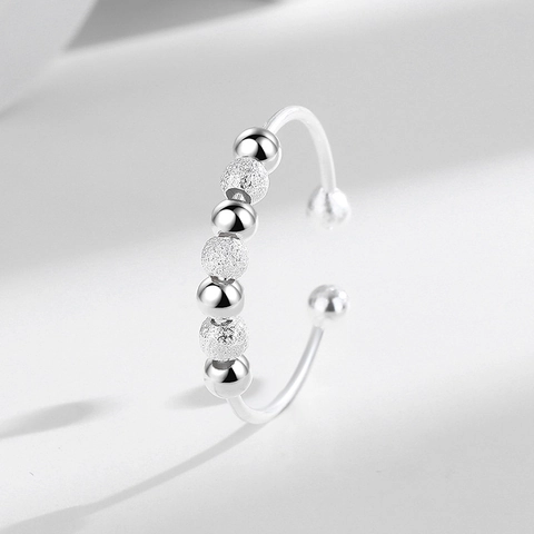 925 Sterling Silver Anxiety Ring Rotatable Beads Matte Polished Adjustable Open Finger Band Fashion Jewelry For Women