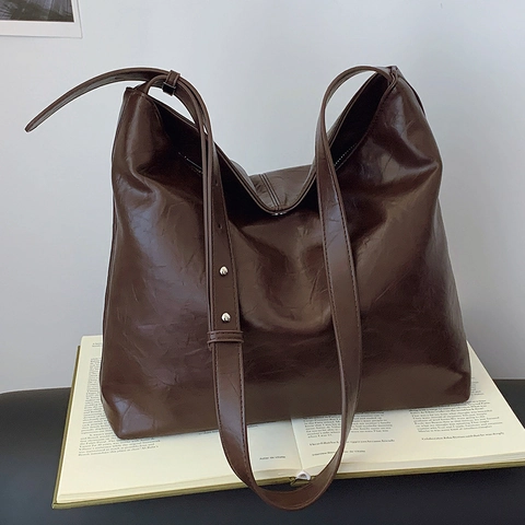 Grand Sac À Épaule Pour Femmes En Cuir PU Souple Texture Vintage Sac Hobo Pour Le Quotidien Style Minimaliste Urbain