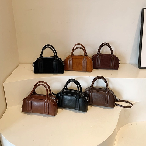 Bolso Boston Para Mujer Cuero PU Gamuza Mate Bolso De Mano Cruzado Retro Moda Bolso Con Asa Superior Y Correa Ajustable