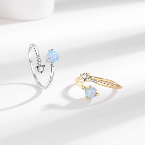 Minimalist Copper Open Ring For Women Synthetic Opal And Cubic Zirconia Micro-Inlaid Fashion Adjustable Finger Jewelry