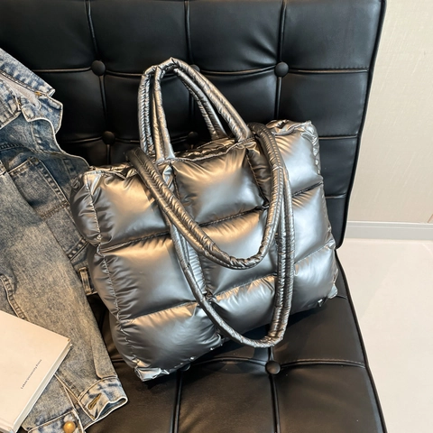 Bolso Tote Acolchado Metalizado Brillante Nylon Gran Capacidad Bolso De Mano Doble Asa Ligero Moda Mujer