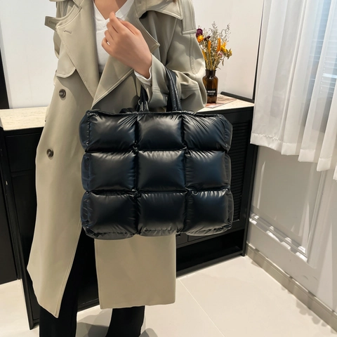 Bolso Tote Acolchado Metalizado Brillante Nylon Gran Capacidad Bolso De Mano Doble Asa Ligero Moda Mujer