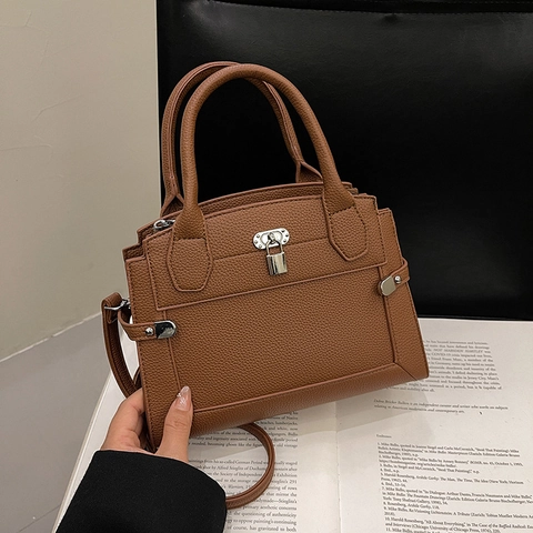 Women Handbag Small Square PU Leather Litchi Grain Crossbody Bag Silver Lock Fashion Casual Shoulder Bag Top Handle