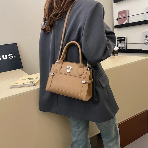 Women Handbag Small Square PU Leather Litchi Grain Crossbody Bag Silver Lock Fashion Casual Shoulder Bag Top Handle