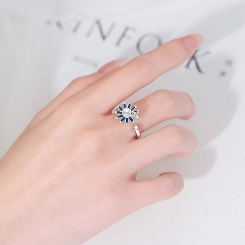 Anello Rotante Girasole Smalto Blu Perla Artificial Farfalla Strass Regolabile In Rame Gioielli Per Donna