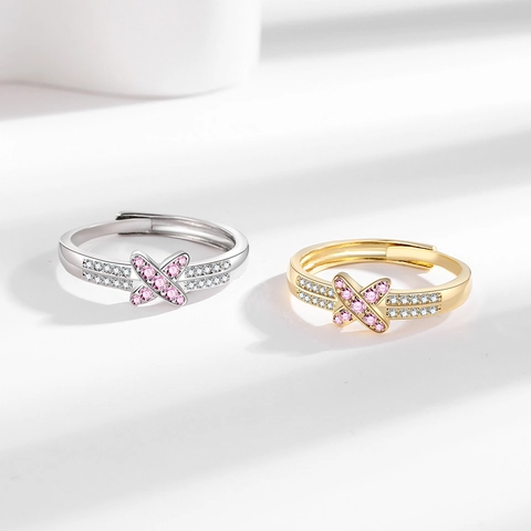 Dames X Kruis Ring Roze Witte Zirkonia Verstelbare Open Ring Mode Sieraden Koper Elegant Trendy Accessoire