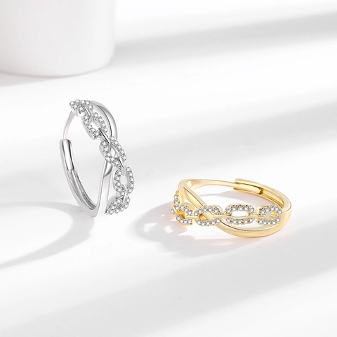 Interlocking Chain Link Adjustable Ring For Women Fashion Copper Cubic Zirconia Square Pavé Minimalist Jewelry