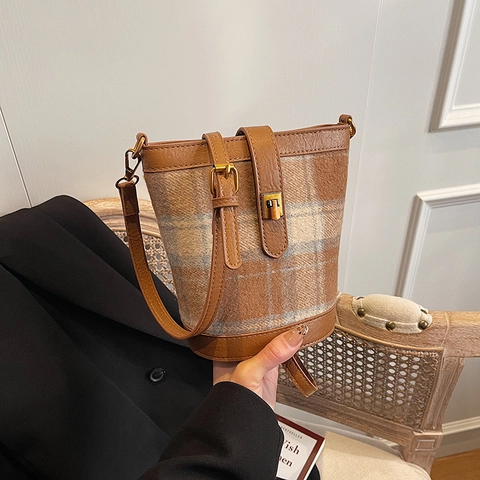 Retro Kariert Leopard Eimer Tasche Damen PU Leder Stoff Gold Schloss Lässig Umhängetasche Schultertasche