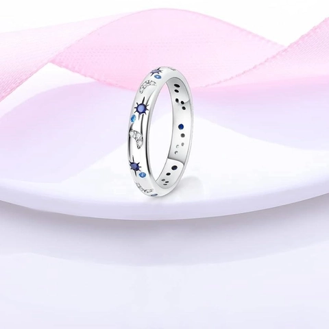 Sternenhimmel Nacht Ring Für Damen Versilbertes Kupfer Eingelegter Blauer Weißer Zirkonia Mond Stern Schmuck