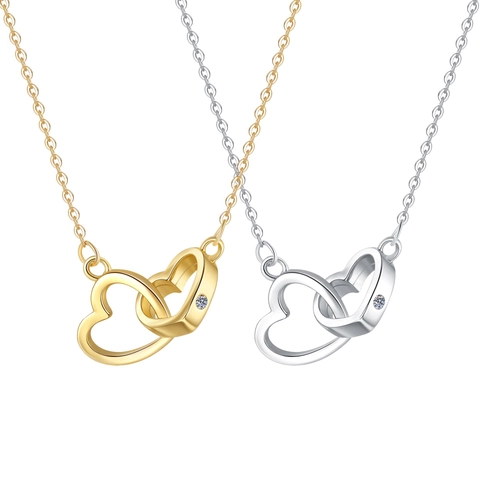 Interlocking Double Heart Pendant Necklace Copper Jewelry With Cubic Zirconia Elegant Fashion For Women