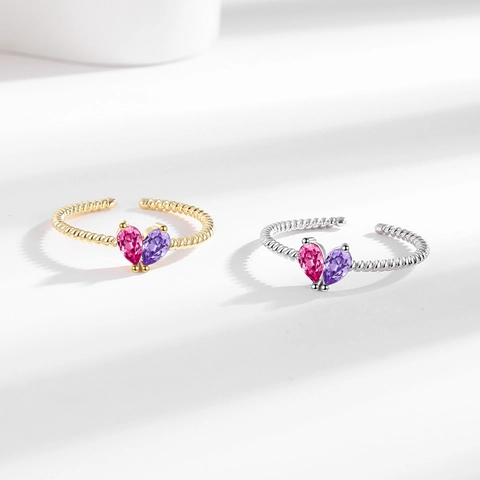 Anello Regolabile Aperto Cuore Geometrico Rame Pietre Natali Pera Fascia Corda Intrecciata Moda Per Donna