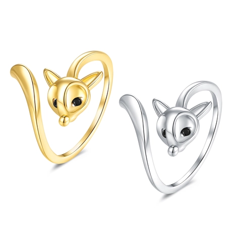 Fox Open Adjustable Ring Copper Animal Wrap Ring With Black Gemstone Eyes Trendy Jewelry Gift For Women Men Unisex