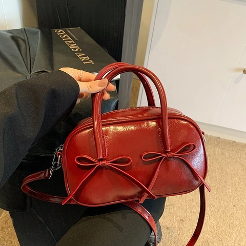 Retro Boston Handbag Glossy PU Leather Double Bow Decoration Detachable Shoulder Strap Sweet Style Women Crossbody Bag