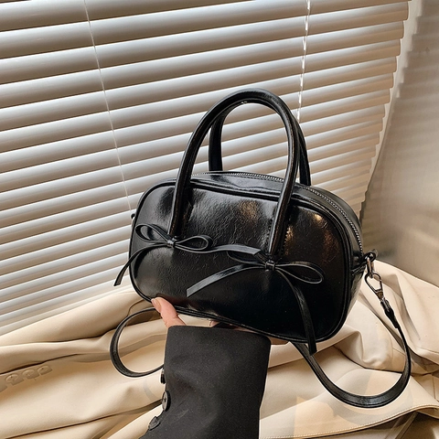 Retro Boston Handbag Glossy PU Leather Double Bow Decoration Detachable Shoulder Strap Sweet Style Women Crossbody Bag