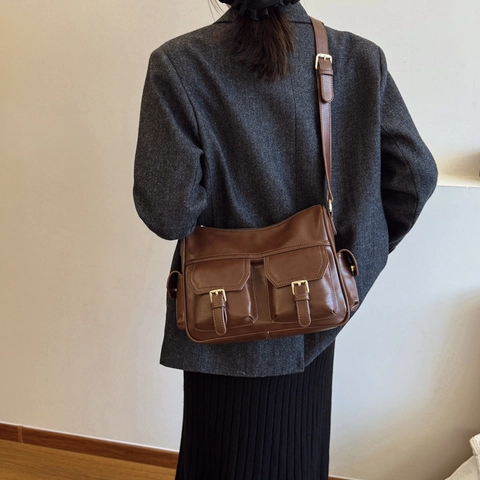 Sac Cabas Vintage En Cuir PU Pour Femmes Multi Poches Sac À Bandoulière Style Coréen Décontracté Grande Capacité