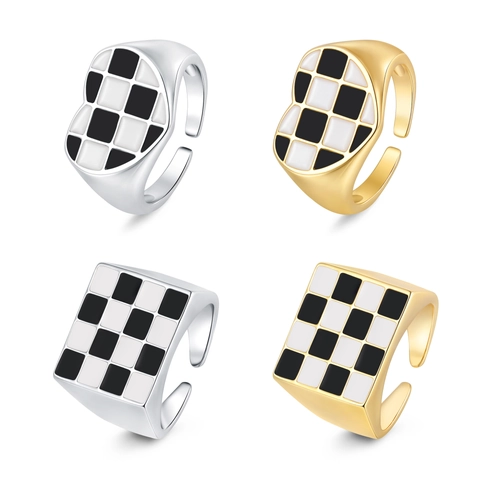 Checkerboard Enamel Heart Square Open Rings For Women Plated Copper Adjustable Finger Ring Fashion Jewelry