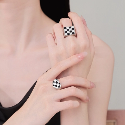 Checkerboard Enamel Heart Square Open Rings For Women Plated Copper Adjustable Finger Ring Fashion Jewelry