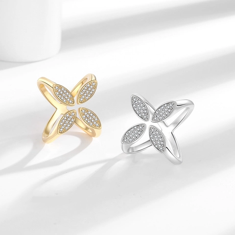 Lucky Vierblättriges Kleeblatt Ring Kupfer 18K Vergoldet Micro Pave Zirkonia Verstellbar Offen Modeschmuck Für Damen