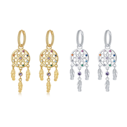 Traumfänger Feder Tropfen Ohrringe Kupfer Vergoldet Mit Bunten Zirkonia Boho Ethnischen Stil Schmuck Für Frauen