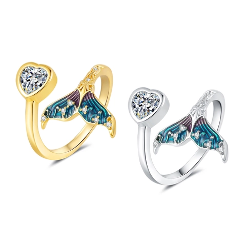 Mermaid Tail Heart Zircon Adjustable Open Ring Enamel Inlaid Copper Fashion Jewelry For Women