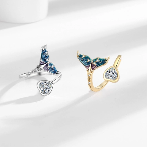 Mermaid Tail Heart Zircon Adjustable Open Ring Enamel Inlaid Copper Fashion Jewelry For Women
