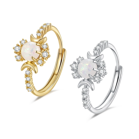 Moon Opal Adjustable Ring Copper Base White Zircon Inlaid Celestial Bohemian Style Jewelry For Women Elegant Gift