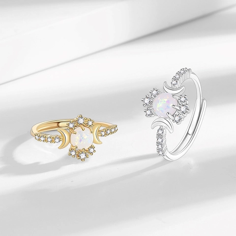 Moon Opal Adjustable Ring Copper Base White Zircon Inlaid Celestial Bohemian Style Jewelry For Women Elegant Gift