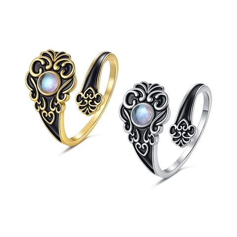 Vintage Herz Mondstein Ring Kupfer Mit Schwarzem Emaille Böhmisch Gotisch Verstellbarer Offener Fingerschmuck Damen
