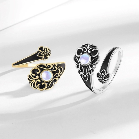 Vintage Herz Mondstein Ring Kupfer Mit Schwarzem Emaille Böhmisch Gotisch Verstellbarer Offener Fingerschmuck Damen