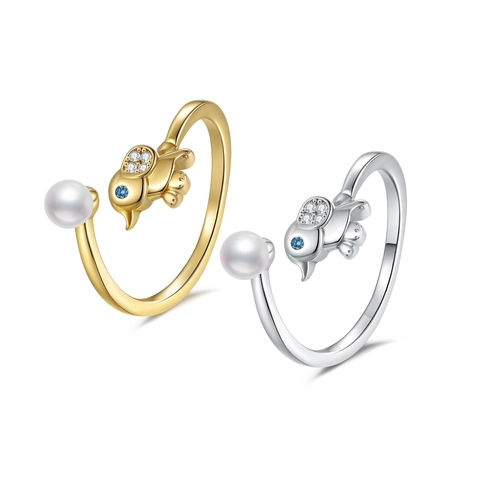 Cute Elephant Playing Ball Open Adjustable Ring Copper Shell Artificial Pearl With Blue Cubic Zirconia Fashion Jewelry For Women