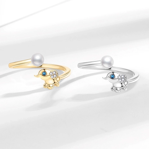 Cute Elephant Playing Ball Open Adjustable Ring Copper Shell Artificial Pearl With Blue Cubic Zirconia Fashion Jewelry For Women