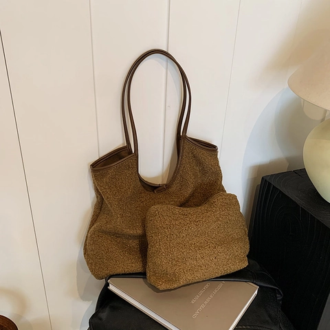 Dames Mode Pluche Draagtas En Kleine Pouch Synthetisch Leer Handvat Lamswol Stijl Grote Capaciteit Schoudertas Casual Tas