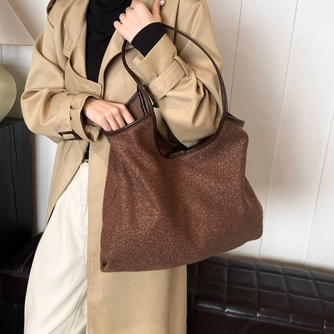 Dames Mode Pluche Draagtas En Kleine Pouch Synthetisch Leer Handvat Lamswol Stijl Grote Capaciteit Schoudertas Casual Tas