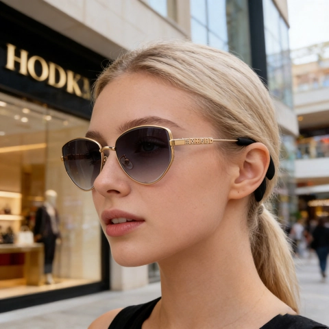 Occhiali Da Sole Cat Eye Poligonali Donna Montatura Metallo Lenti Sfumate PC UV400 Street Style Decoro Dado